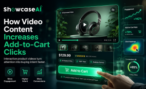 A professional marketing infographic for ShowcaseAI displaying how interactive video content increases e-commerce metrics. The left column features a dark background with bold white and neon green text reading "How Video Content Increases Add-to-Cart Clicks" and a subtitle, "Interactive product videos turn attention into buying intent faster." Below this are three icons with labels: "More Engagement," "Higher Intent," and "More Conversions." The center of the image shows a sleek, floating user interface of an online product page featuring a premium black over-ear headphone. An interactive video player dashboard shows an "AI Generated Video" playing with a progress bar at 0:12 out of 0:30. Below the video player are smaller product thumbnail previews, a price tag of $129.99, a 4.8-star rating with 1,246 reviews, and green pill tags labeled "AI-Powered Video," "360° View," and "Realistic Demos." A human hand is shown touching a large, glowing neon-green "Add to Cart" button, which displays a notification stating "34 people added this to their cart in the last hour." The right side displays floating data analytics widgets: an "Engagement" line graph showing a "+142%" increase, an "Add-to-Cart Rate" box showing "+79% vs. without video," a "Click Heatmap" widget illustrating a glowing red and yellow hot spot on a product component, and a circular "Conversion Lift" gauge indicating a "+65%" increase using video. The overall design features a high-tech dark theme with bright green neon accents.
