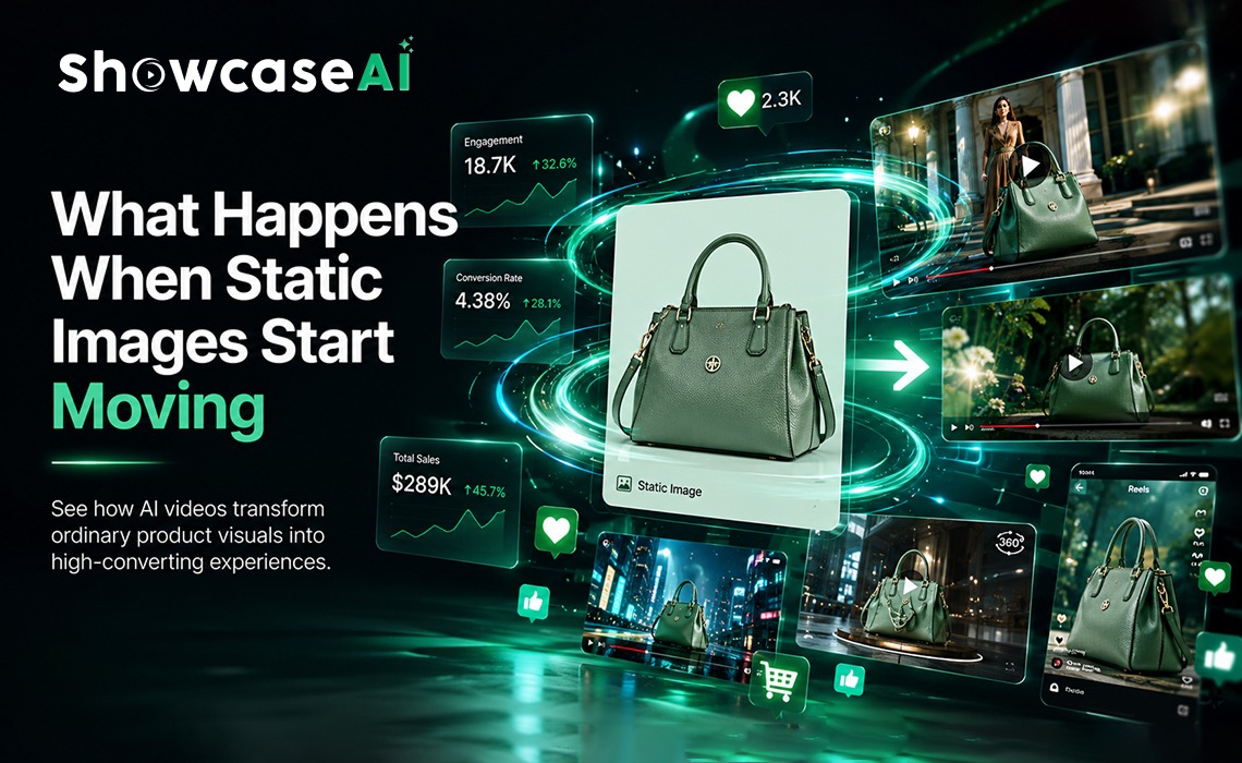 An infographic titled "What Happens When Static Images Start Moving" by ShowcaseAI, illustrating the conversion of a static green handbag photo into dynamic video content with performance metrics showing increases in engagement and sales.