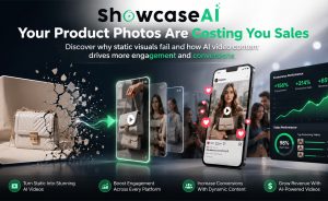A cinematic marketing graphic showing a static product image of a handbag "shattering" and transforming into a series of vibrant AI-generated video reels. A dashboard on the right displays growth statistics: +156% Engagement, +214% Conversion Rate, and +85% Revenue. Four icons at the bottom emphasize the benefits: Turn Static into Stunning, Boost Engagement, Increase Conversions, and Grow Revenue.