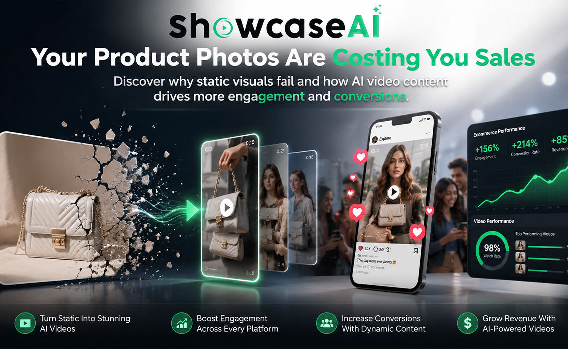 A cinematic marketing graphic showing a static product image of a handbag "shattering" and transforming into a series of vibrant AI-generated video reels. A dashboard on the right displays growth statistics: +156% Engagement, +214% Conversion Rate, and +85% Revenue. Four icons at the bottom emphasize the benefits: Turn Static into Stunning, Boost Engagement, Increase Conversions, and Grow Revenue.