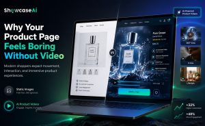 A promotional graphic for "ShowcaseAi" featuring a laptop that displays a split-screen comparison of a product page for a perfume bottle named "Pure Ocean." The left side of the screen shows a "Static Images" version, which is plain and white, labeled with points like "Static & lifeless" and "Fewer conversions." The right side shows an "AI Product Videos" version, which features a dynamic, vibrant video of the perfume bottle splashing in water, labeled with benefits like "Immersive Experience" and "Higher Conversions." On the left of the laptop, the headline reads "Why Your Product Page Feels Boring Without Video." On the right, three small video preview boxes show "360° View," "In Use," and "Lifestyle" options, alongside data callouts indicating "+32% Higher Conversion" and "+48% More Engagement."