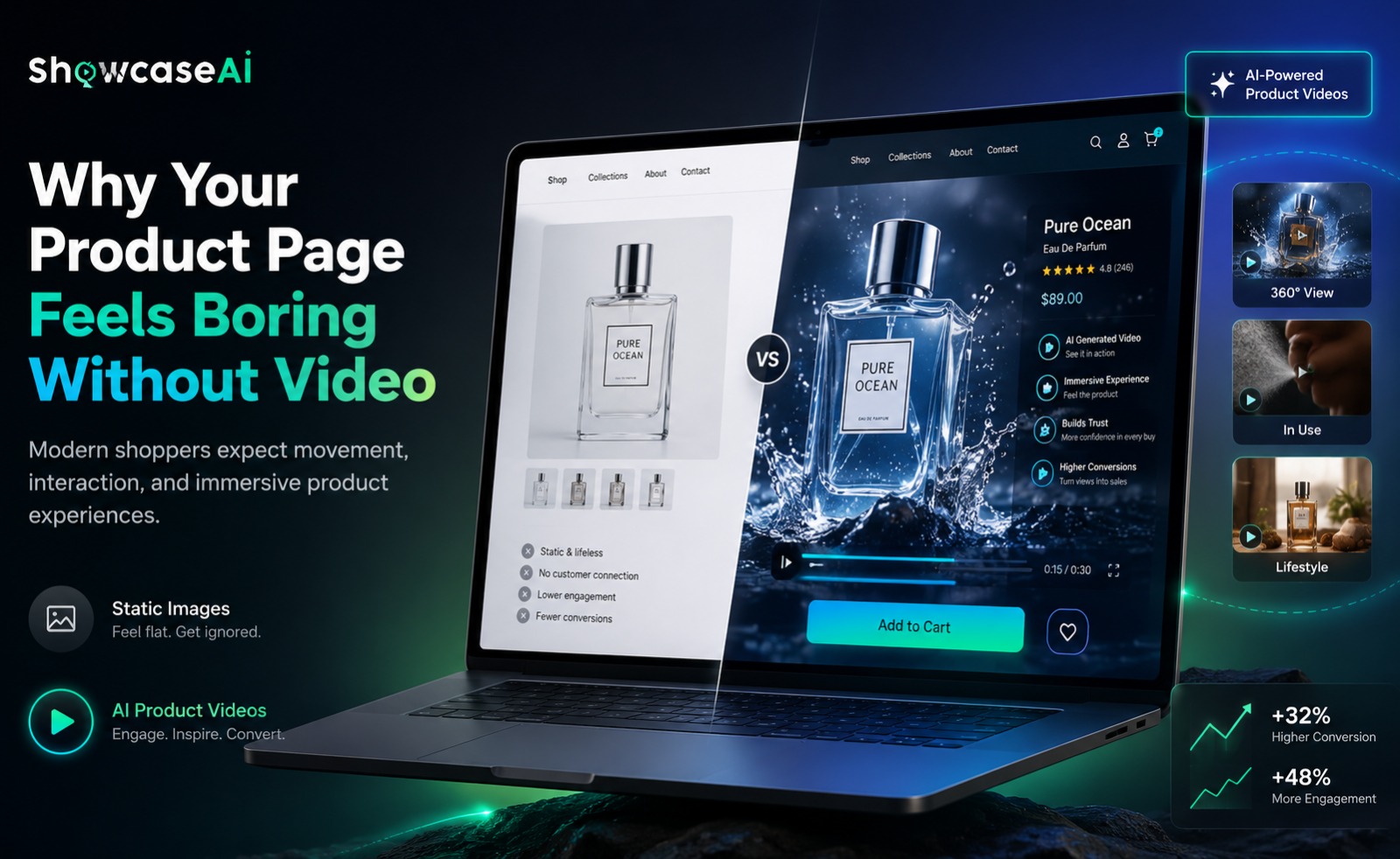 A promotional graphic for "ShowcaseAi" featuring a laptop that displays a split-screen comparison of a product page for a perfume bottle named "Pure Ocean." The left side of the screen shows a "Static Images" version, which is plain and white, labeled with points like "Static & lifeless" and "Fewer conversions." The right side shows an "AI Product Videos" version, which features a dynamic, vibrant video of the perfume bottle splashing in water, labeled with benefits like "Immersive Experience" and "Higher Conversions." On the left of the laptop, the headline reads "Why Your Product Page Feels Boring Without Video." On the right, three small video preview boxes show "360° View," "In Use," and "Lifestyle" options, alongside data callouts indicating "+32% Higher Conversion" and "+48% More Engagement."