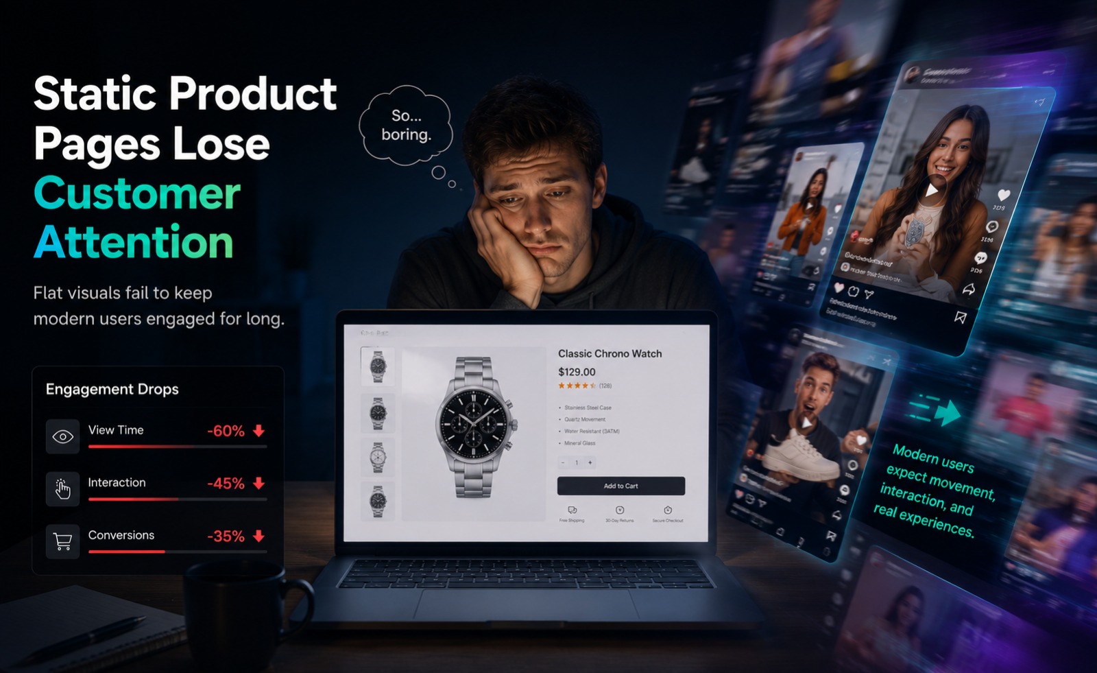A dark, futuristic promotional graphic with glowing blue accents titled "Turn Static Products Into Interactive Experiences." On the left, a vertical card labeled "Static Product Image" shows a simple perfume bottle named "Pure Ocean." Branching out from a glowing central "AI" hub are three dynamic video alternatives: a "Cinematic Showcase" video showing the bottle splashing in water, an "AI Avatar Presentation" featuring a smiling woman holding the product with speech captions, and a vertical "Social-Ready Video" optimized for mobile feeds with engagement icons like likes and comments. The bottom panel displays metrics: "+32% Higher Conversion," "+48% More Engagement," "+67% Stronger Trust," and "+41% Increase in Sales."