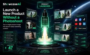 A digital product asset launching like a rocket in a high-tech control center, showing marketing outputs completed in 47 seconds with real-time impact metrics.