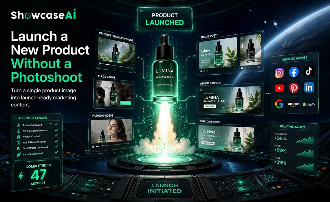 A digital product asset launching like a rocket in a high-tech control center, showing marketing outputs completed in 47 seconds with real-time impact metrics.