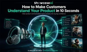 An infographic titled One Product Multiple Ways to Explain It demonstrating different video formats for wireless headphones including showcase, AI ads, talking avatar, product avatar, and fashion videos in file 04.png.