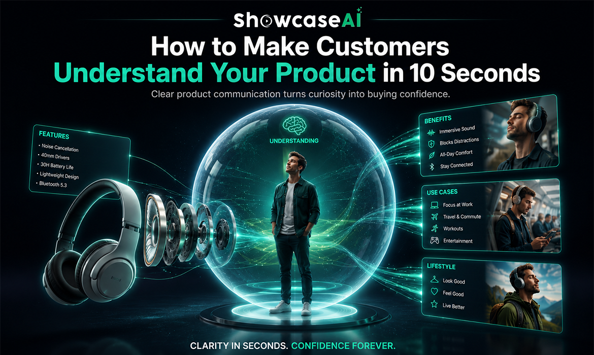 An infographic titled One Product Multiple Ways to Explain It demonstrating different video formats for wireless headphones including showcase, AI ads, talking avatar, product avatar, and fashion videos in file 04.png.