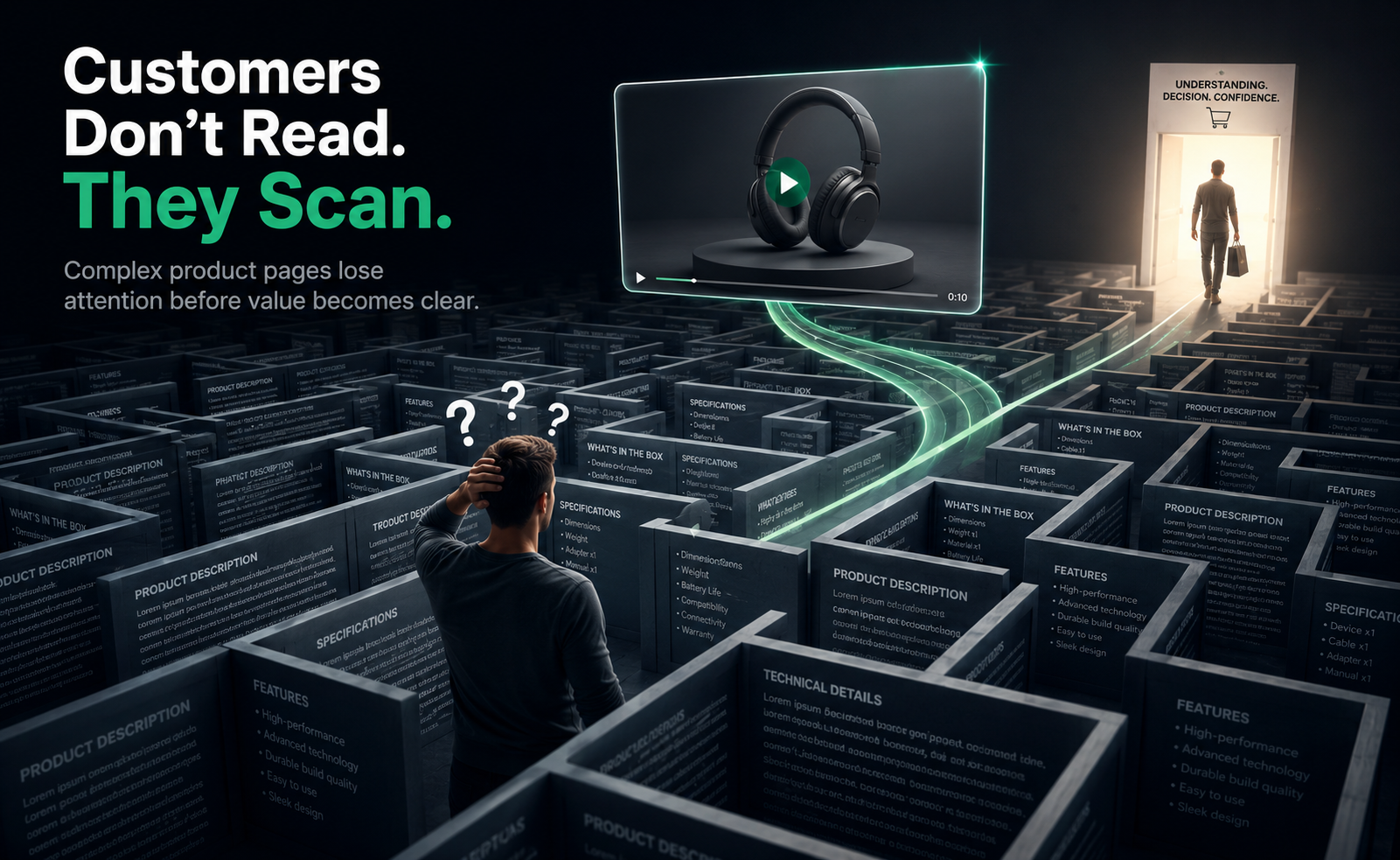 An infographic titled Show the Solution, Not Just the Product contrasting a isolated black headphone on a stand with a man working efficiently on a laptop while wearing the headset in file 03.png.