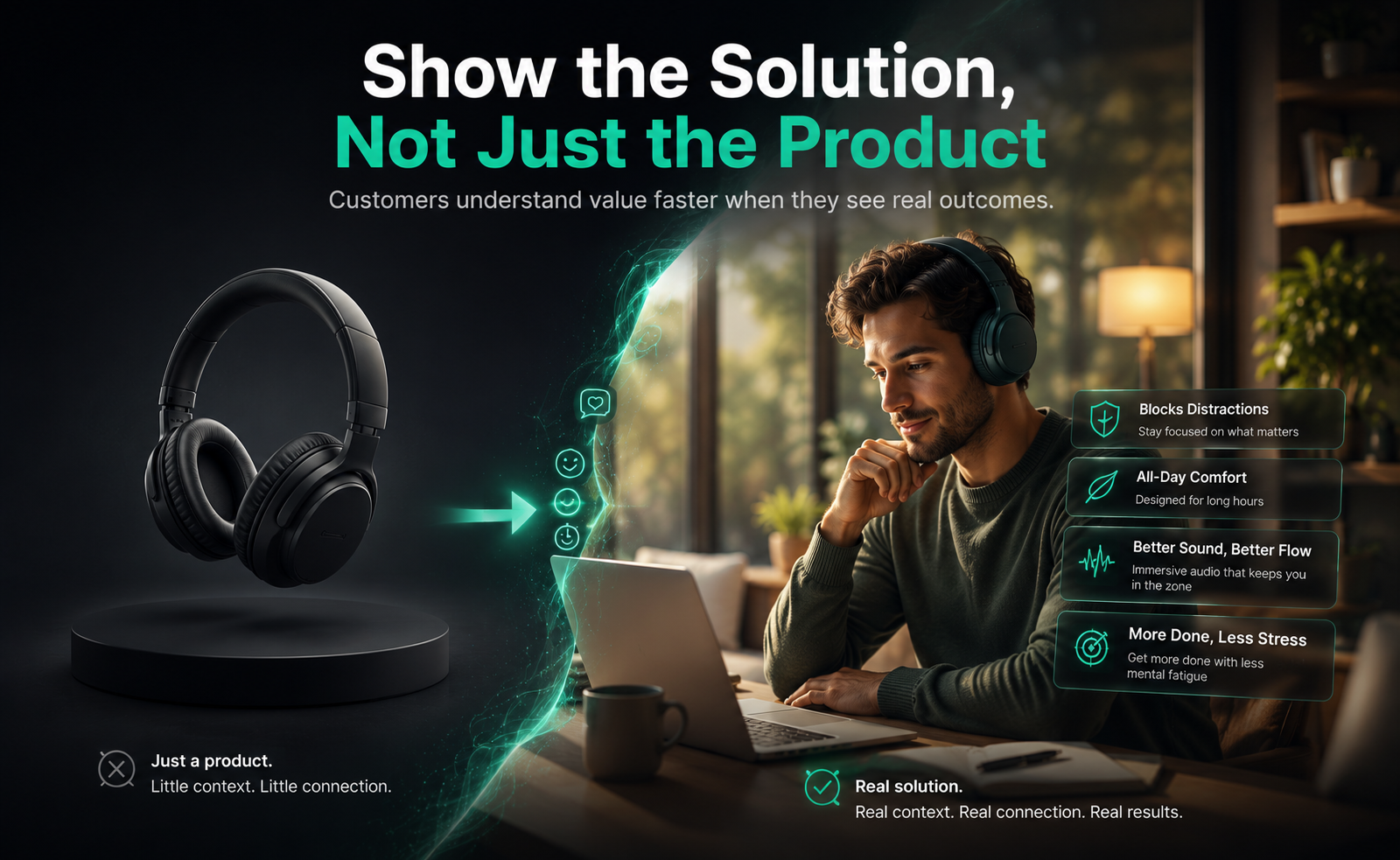 A conceptual marketing image titled Customers Don't Read, They Scan depicting a confused shopper trapped in a maze of text blocks while a glowing green path leads up to a clean product video preview in file 02.png.