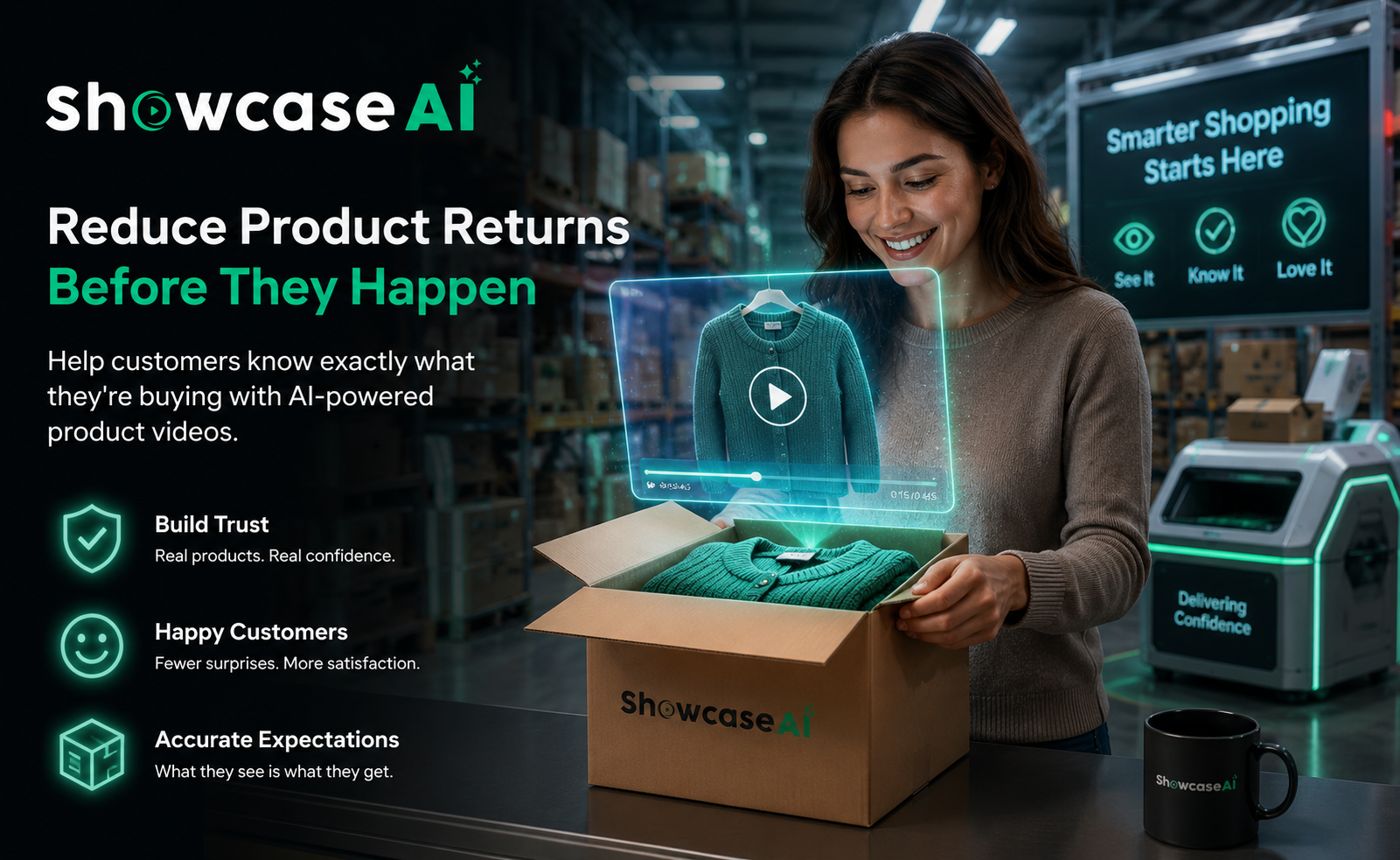 A warehouse retail infographic titled Reduce Product Returns Before They Happen featuring a woman smiling while unboxing a green knitted sweater alongside a floating AI video screen in file 1.png.