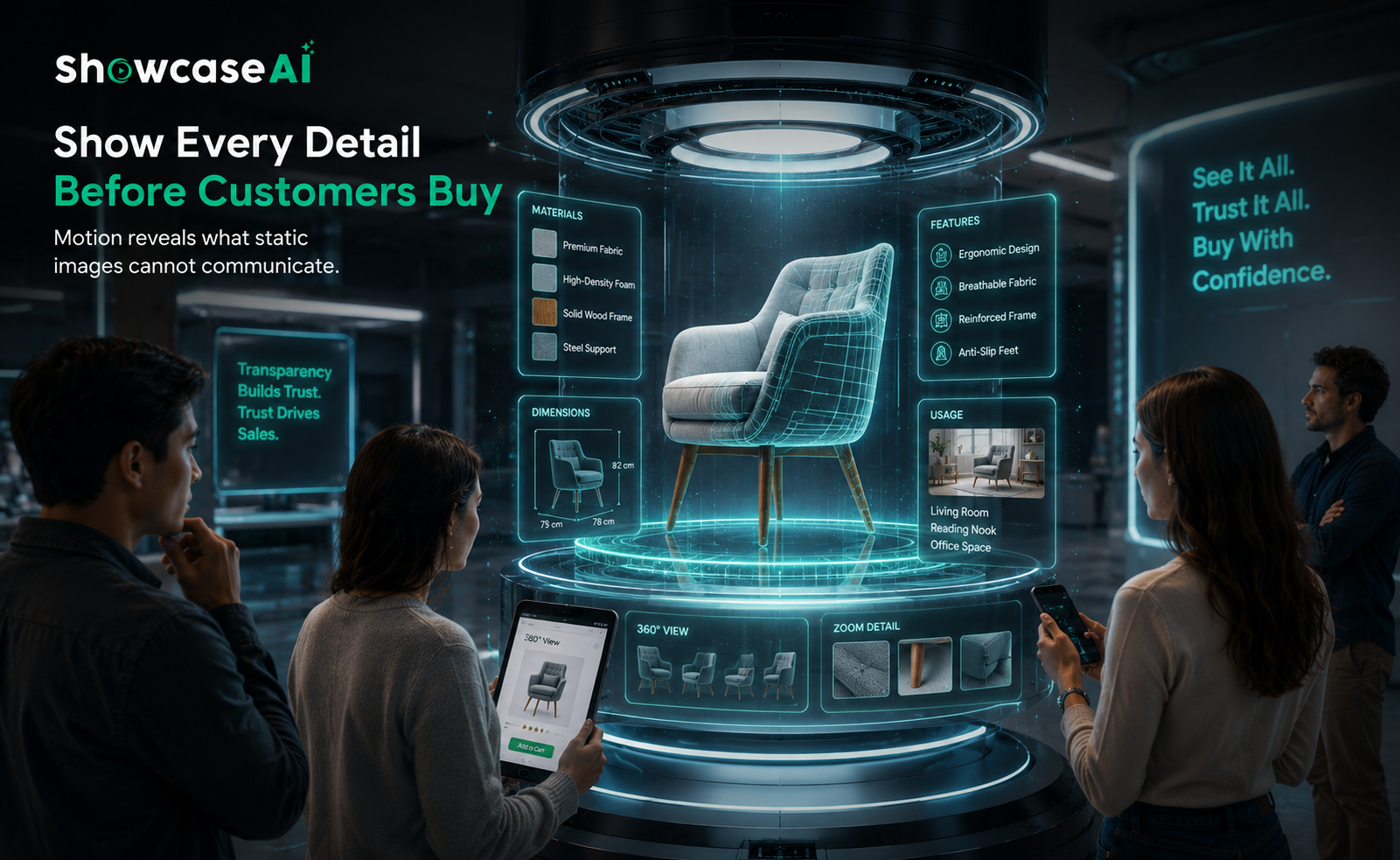 An infographic titled Show Every Detail Before Customers Buy showcasing a futuristic holographic 3D furniture display with material, usage, and dimension data overlays in file 3.png.