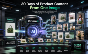 An automated industrial AI-powered content factory chamber processing one product input photo to generate 30 days of automated marketing content including short videos, ads, and social posts.