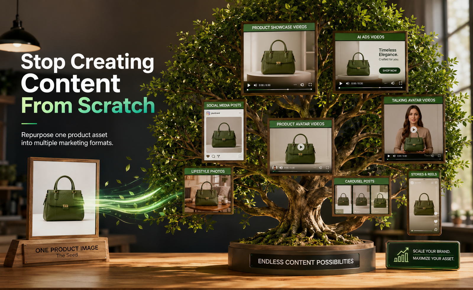 A digital product image of a green purse acting as a seed, growing into a lush bonsai tree with frames displaying product showcase videos, AI ads, lifestyle photos, and avatar videos.