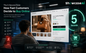 An e-commerce marketing infographic titled Video Wins the Battle for Attention contrasting static product images with a high-engagement AI-generated leather handbag video.