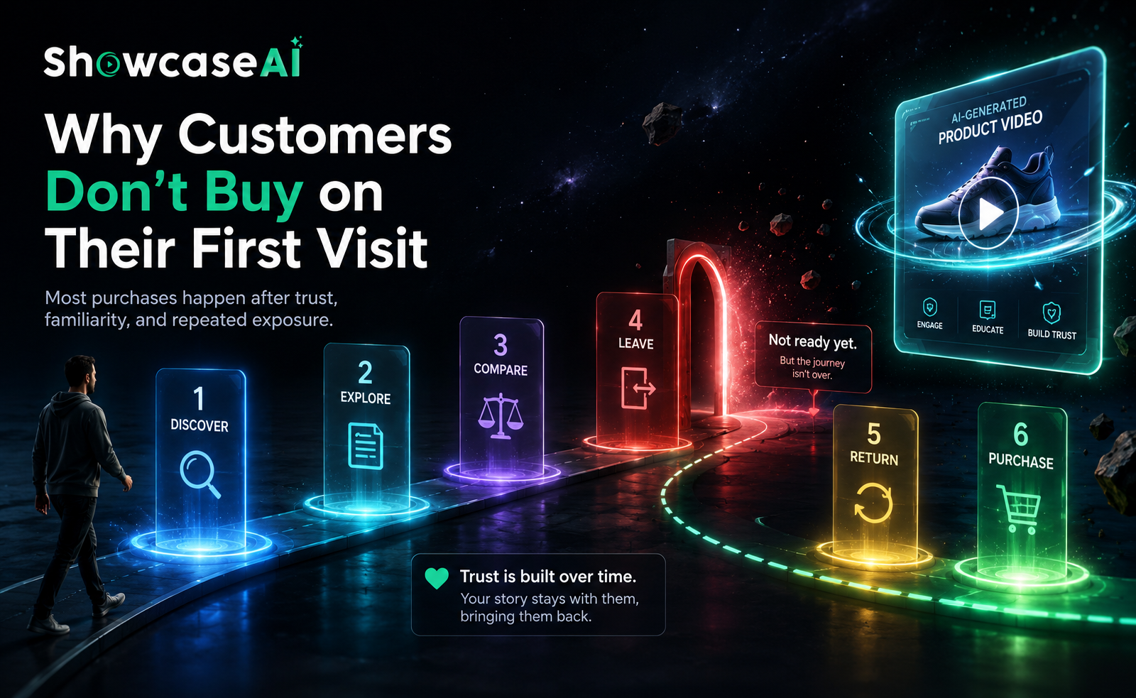 An e-commerce customer journey infographic titled Why Customers Don't Buy on Their First Visit highlighting the stages from discover, explore, and compare to return and purchase via an AI product video loop.