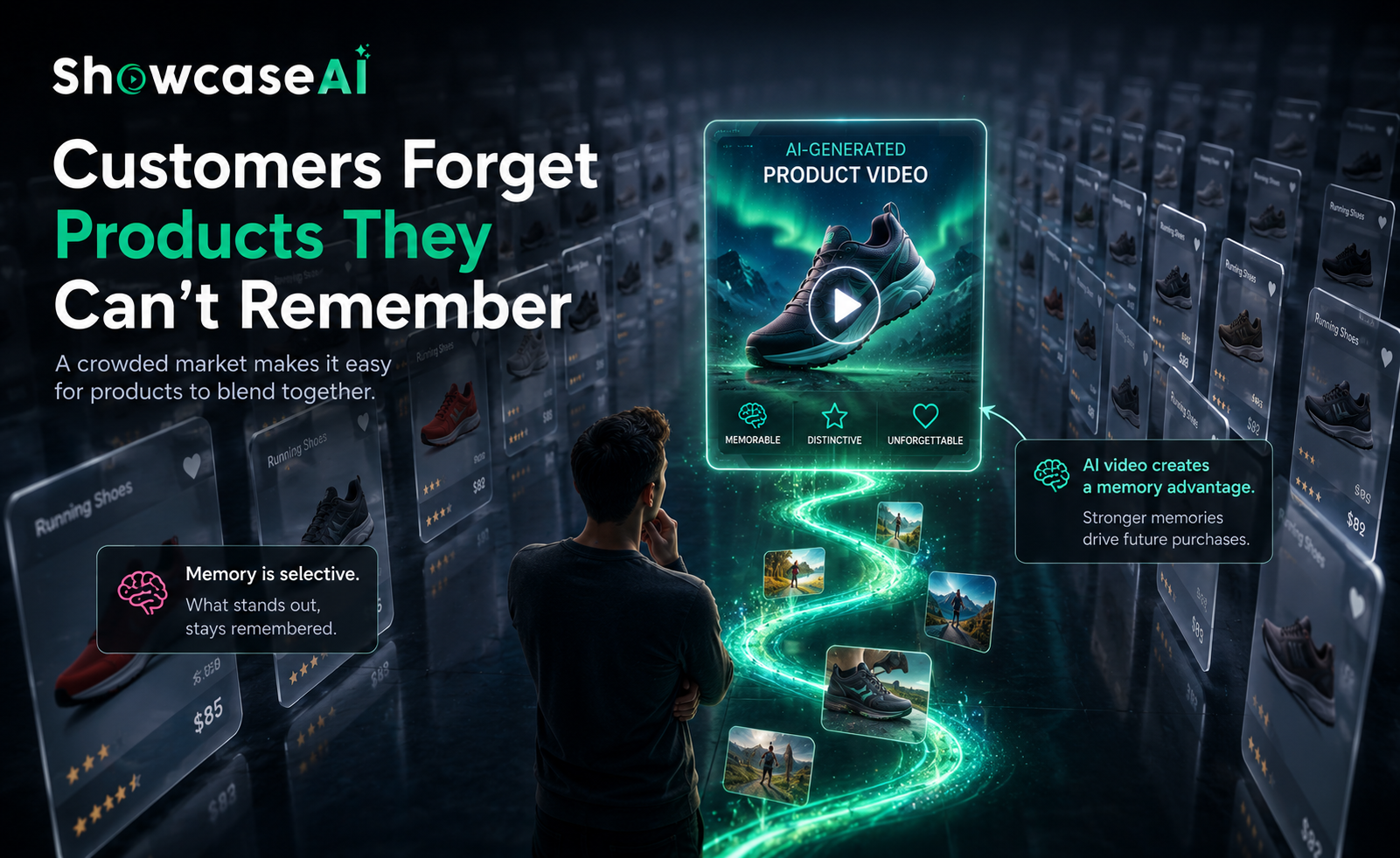 A ShowcaseAI marketing banner titled Customers Forget Products They Can't Remember showing a shopper facing a wall of static cards while a bright green AI product video path stands out.
