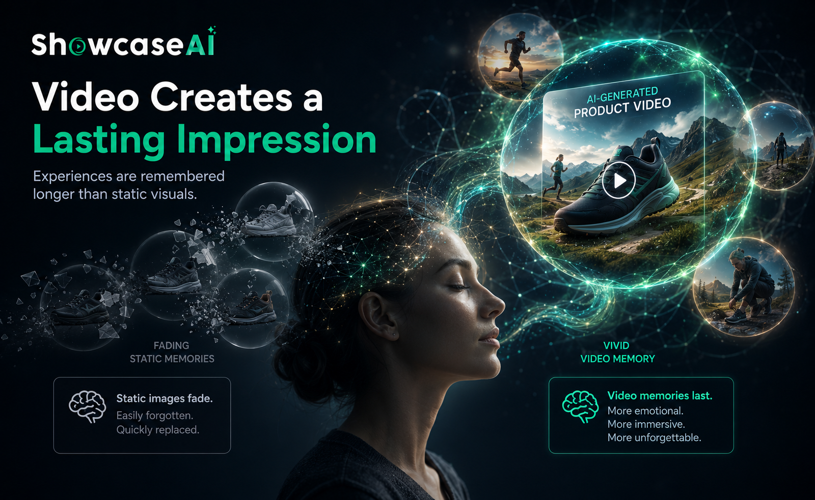 An infographic titled Video Creates a Lasting Impression showing a side profile of a woman contrasting fading static image bubbles with a vivid green AI-generated product video memory bubble.