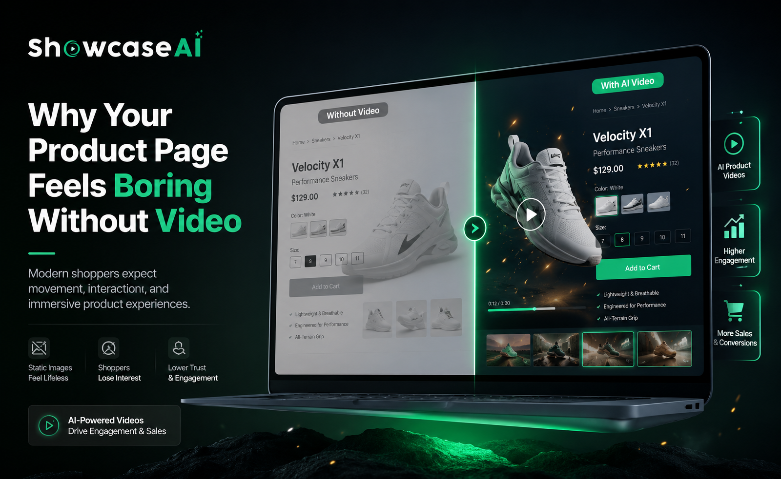 ShowcaseAI comparison graphic titled Why Your Product Page Feels Boring Without Video contrasting a static sneaker product page with an interactive AI video product layout on a laptop screen.