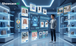 Young professional interacting via hand gestures with a floating ShowcaseAI shopping assistant interface displaying smart comparison cards and personalized product picks in a digital retail mall.