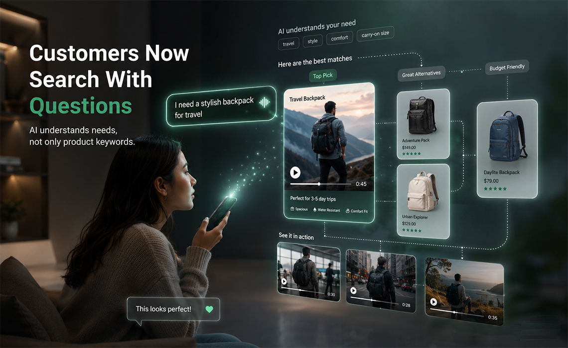 customers-search-with-questions-ai-ecommerce Infographic titled "Customers Now Search With Questions" showing a woman using voice search on her phone to find a stylish travel backpack, illustrating how AI matches user intent with tailored product video results.