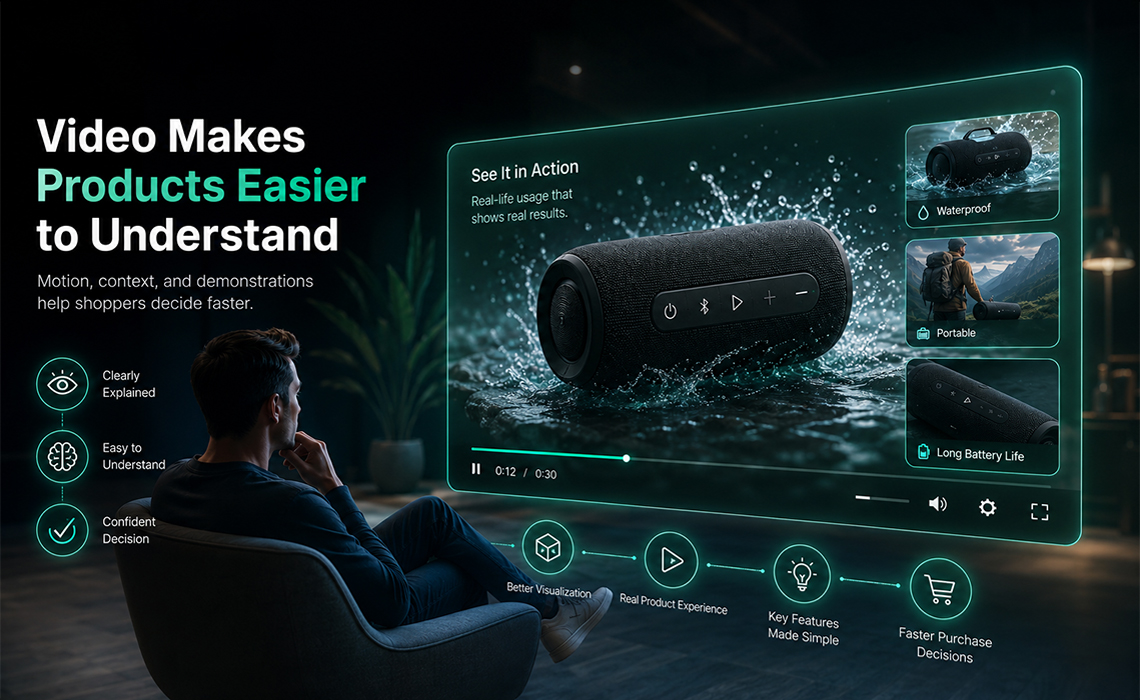 ecommerce-video-benefits-product-understanding Infographic titled "Video Makes Products Easier to Understand" showing a shopper watching an AI-generated demonstration video of a waterproof speaker, highlighting benefits like better visualization and faster purchase decisions.