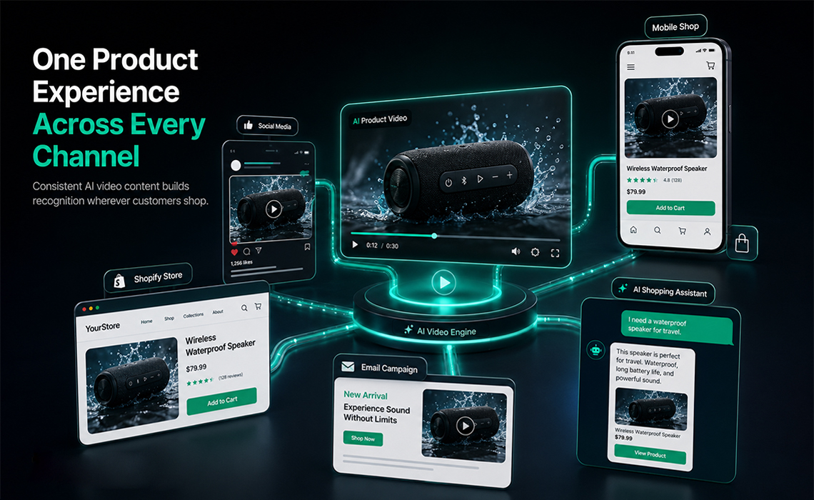 multi-channel-ai-product-video-distribution Marketing graphic titled "One Product Experience Across Every Channel" displaying a central AI video engine distributing consistent product videos of a waterproof speaker to Shopify, social media, mobile apps, email, and shopping assistants.