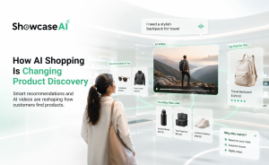 ShowcaseAI infographic titled "How AI Shopping Is Changing Product Discovery" showing a shopper looking at personalized, AI-driven product recommendations and videos based on a conversational search.
