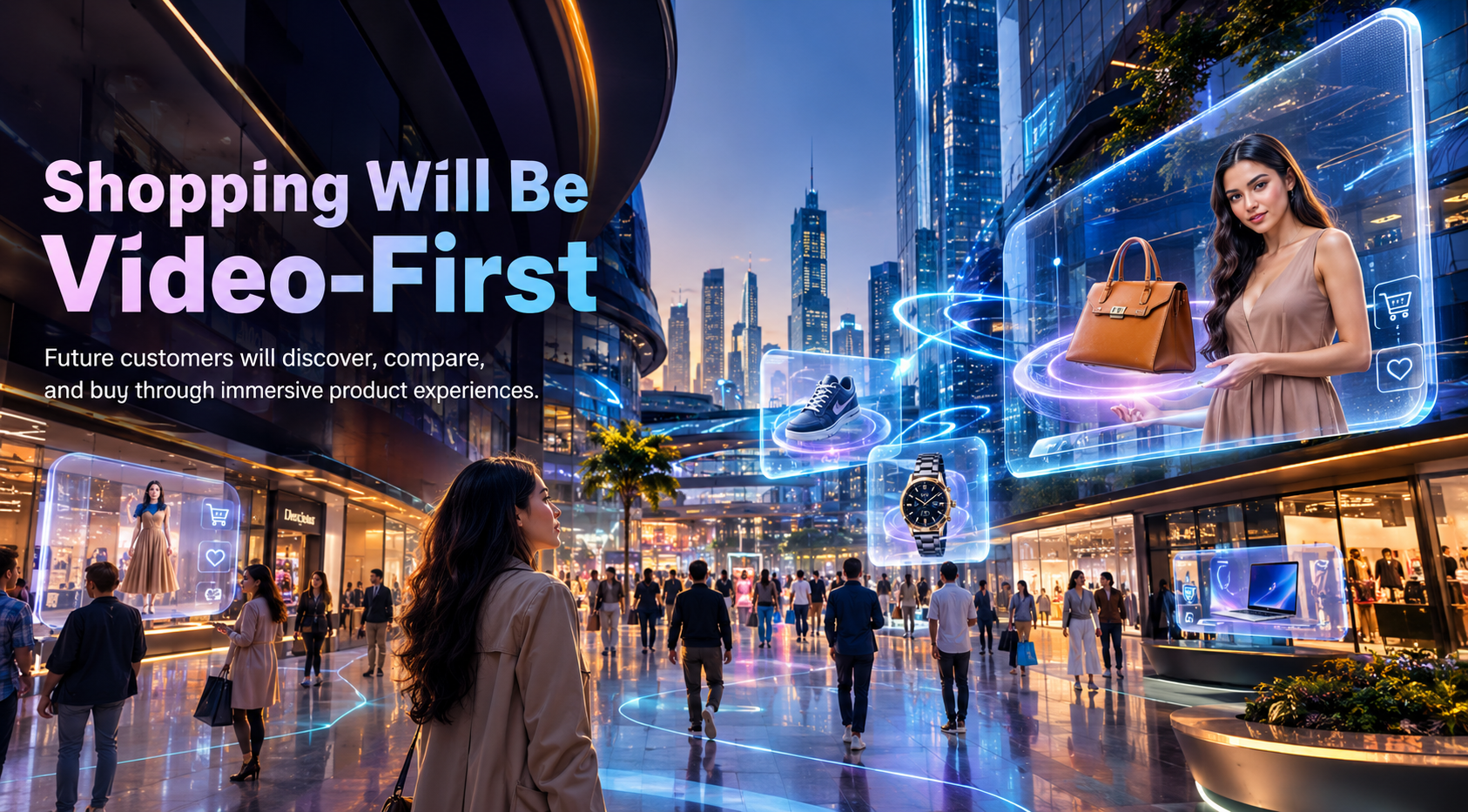 shopping-will-be-video-first-ecommerce-experience.jpg Futuristic city shopping street showing people interacting with holographic video displays of fashion and tech products.